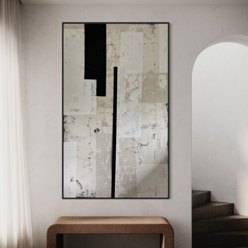 Pionowy minimalistyczny obraz 200x120 zawieszony nad ławką w minimalistycznym, nowoczesnym wnętrzu