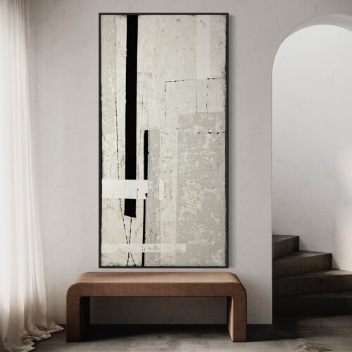 Pionowy minimalistyczny obraz 200x100 zawieszony nad ławką w minimalistycznym wnętrzu