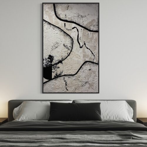 Minimalistyczny obraz o czarno-beżowej strukturze zawieszony nad łóżkiem w nowoczesnej sypialni