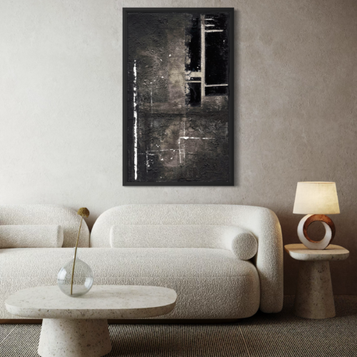 Reprodukcja Negro Hanna Dymarczyk w eleganckiej aranżacji salonu z jasną sofą