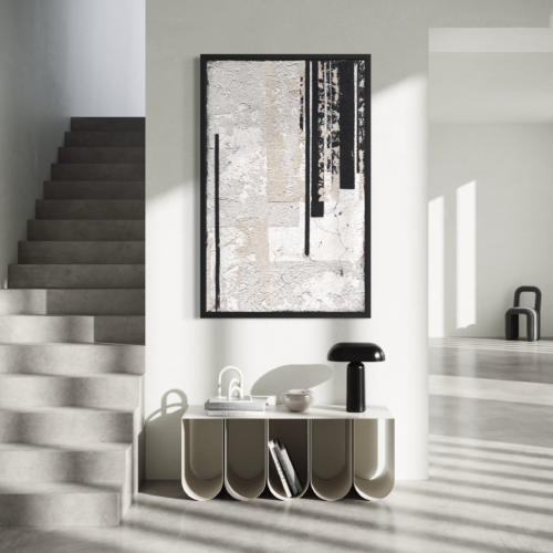 Reprodukcja Quadro autorstwa Hanny Dymarczyk w minimalistycznej aranżacji przy schodach i konsoli